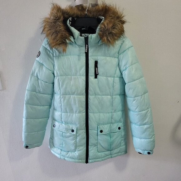 Justice girl' puffer at with attached faux fur hood Bomber Jacket size XL(14/16)